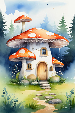 森林中的蘑菇小屋插画