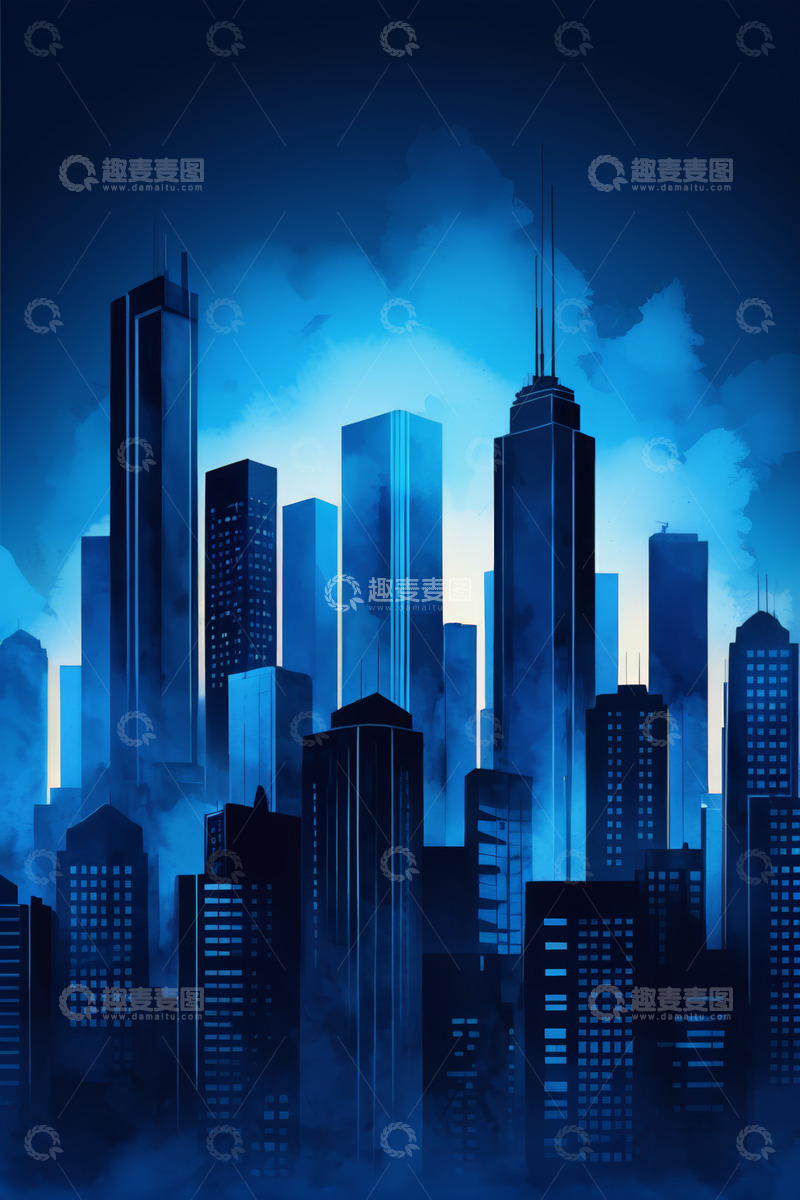 高清大图下载【趣麦麦图】蓝色调现代城市高楼建筑群