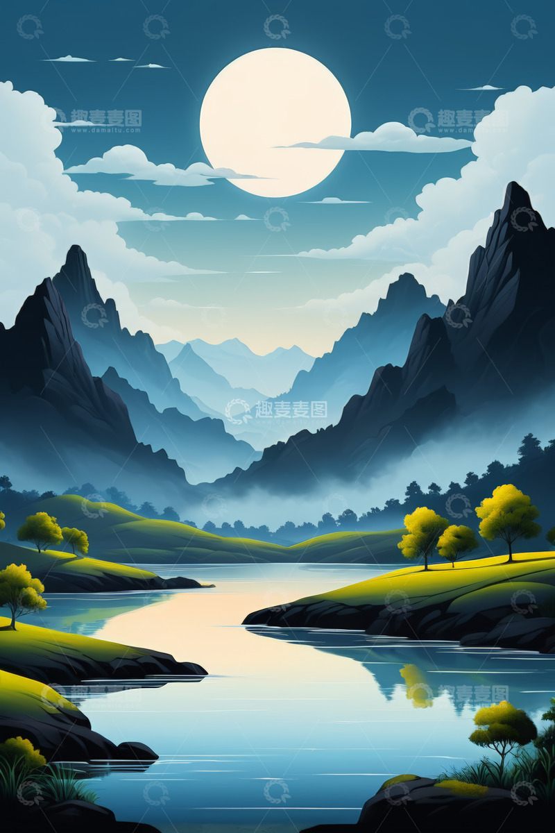 高清大图下载【趣麦麦图】月夜下的山水自然景观
