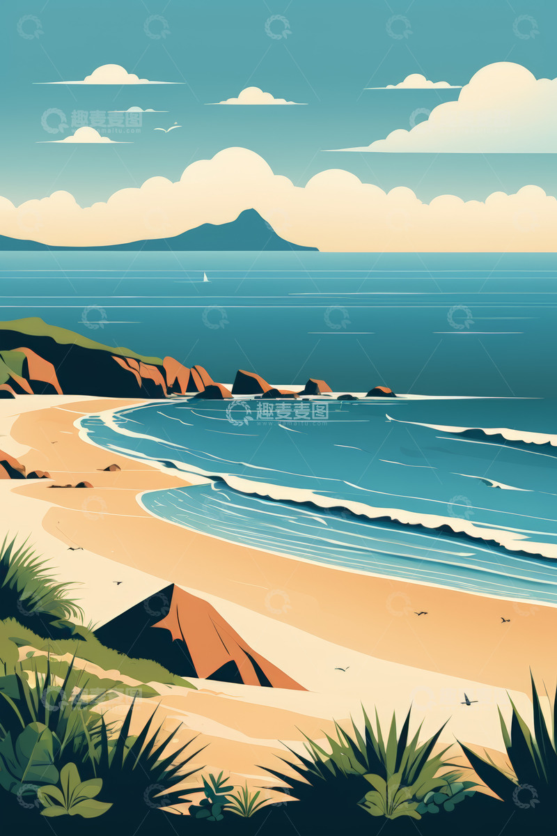 高清大图下载【趣麦麦图】海滩自然风光插画