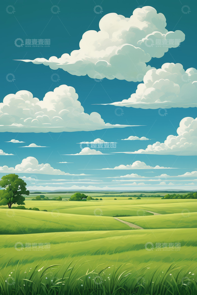 高清大图下载【趣麦麦图】蓝天白云下的绿色田野风光