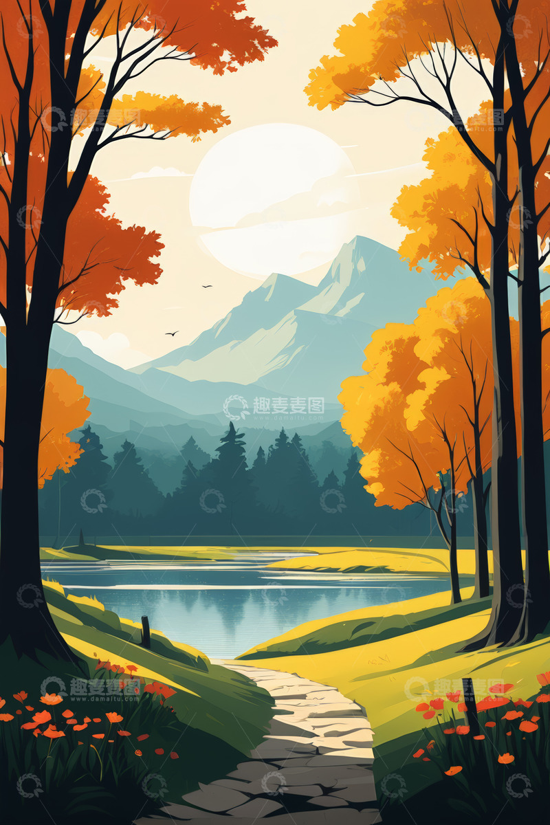 高清大图下载【趣麦麦图】秋日山林湖泊风景