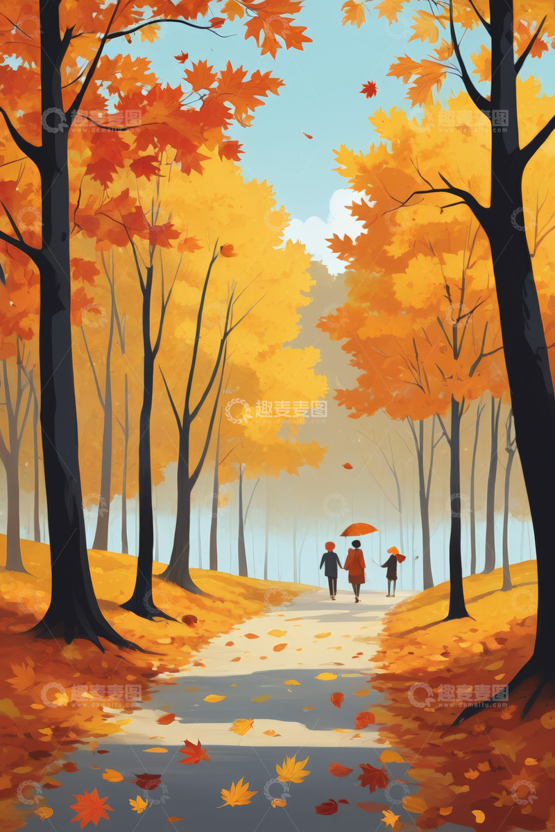 高清大图下载【趣麦麦图】秋日森林中漫步的一家三口