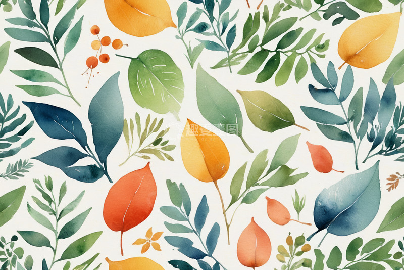 高清大图下载【趣麦麦图】水彩风格植物叶子图案素材