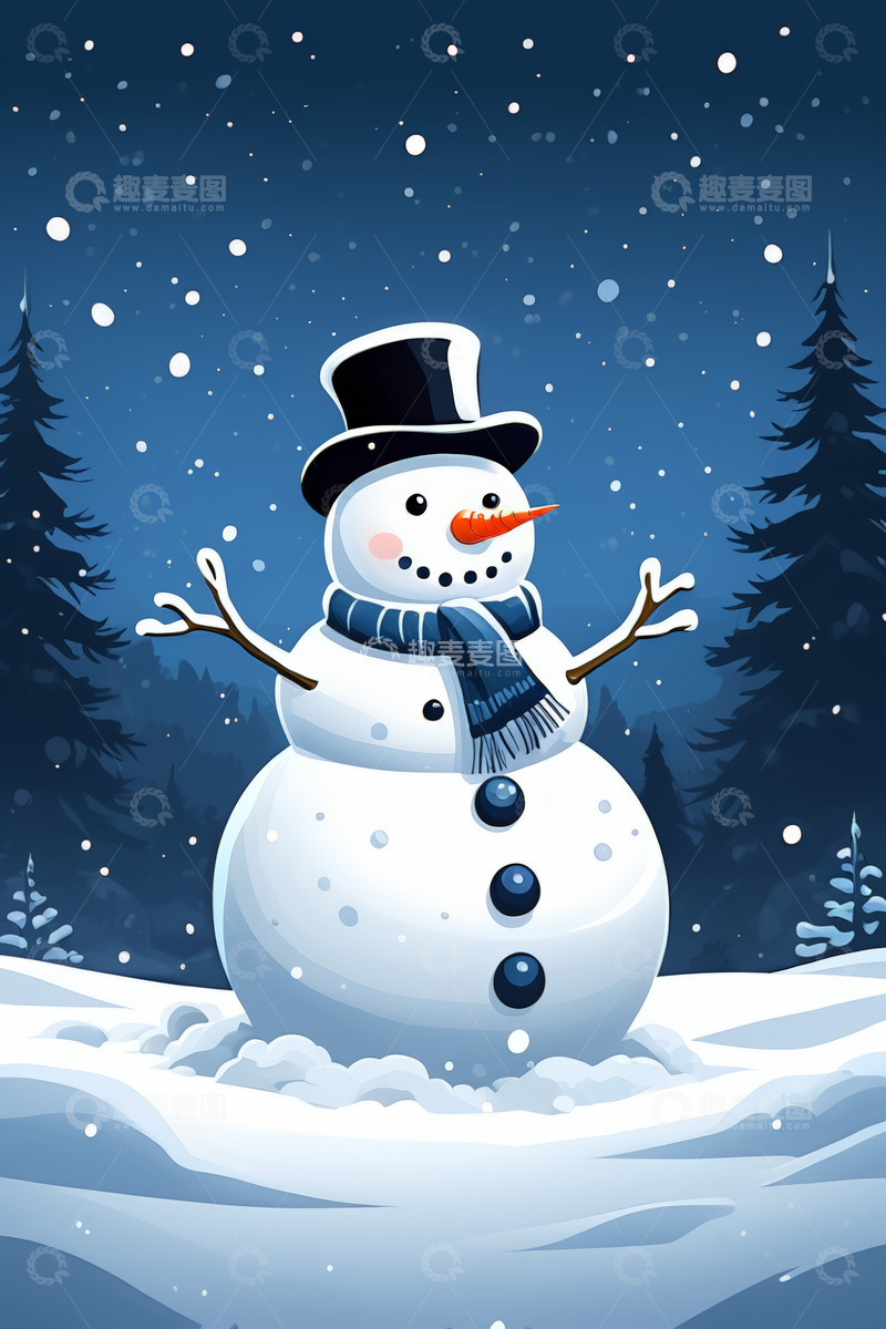 高清大图下载【趣麦麦图】雪夜中的可爱雪人