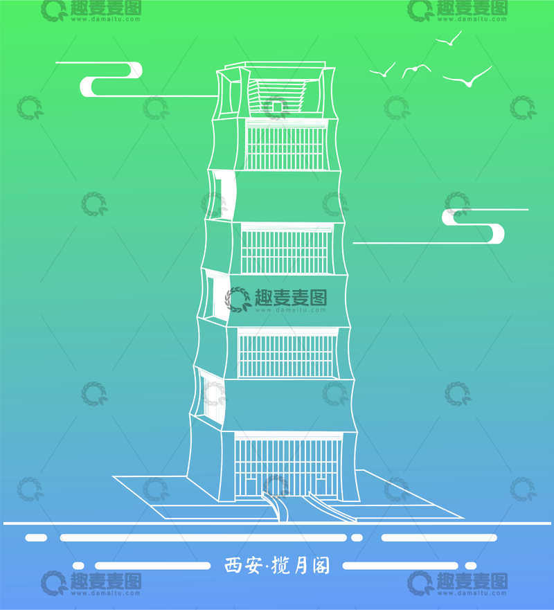 源文件下载【趣麦麦图】-西安揽月阁线稿