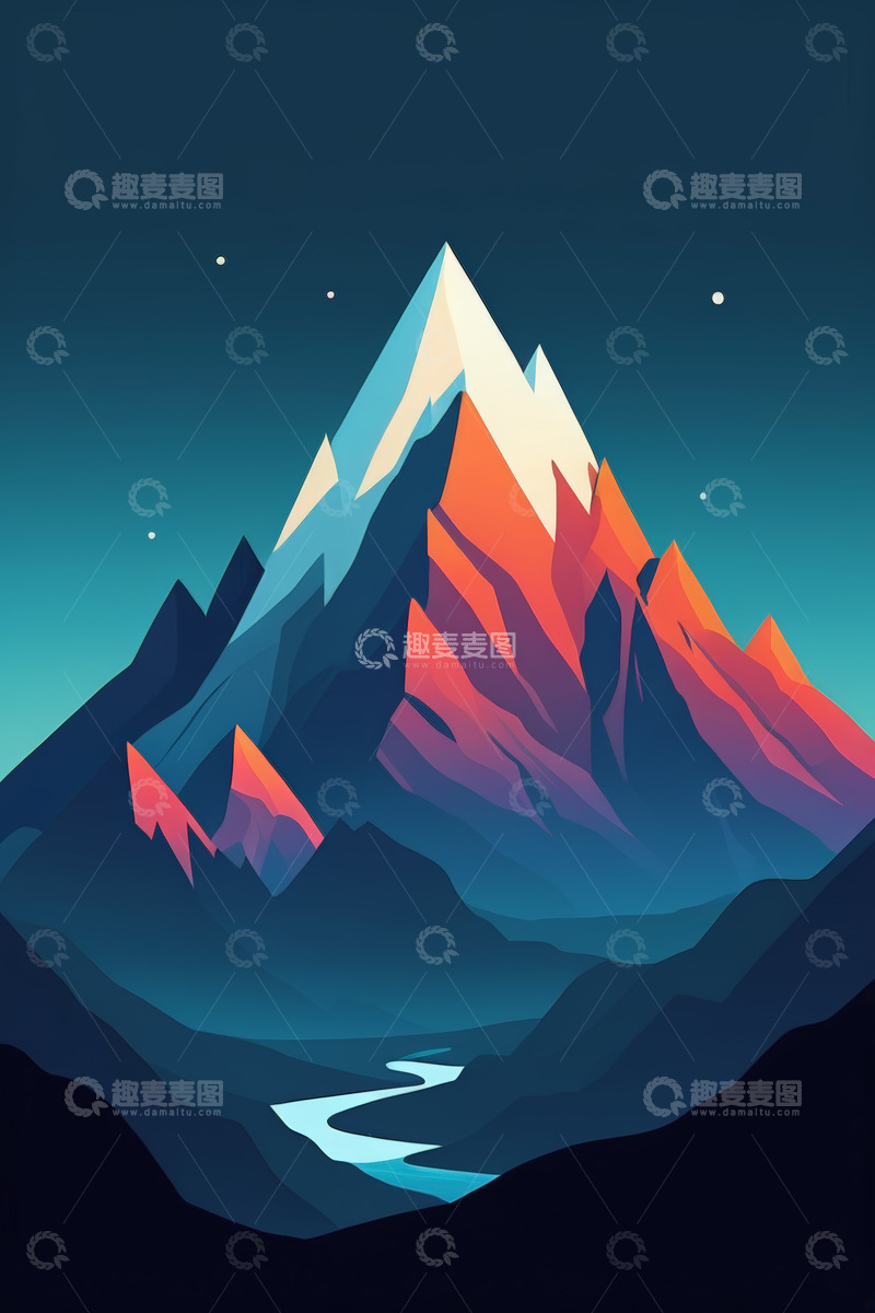 高清大图下载【趣麦麦图】彩色山峰与河流夜景