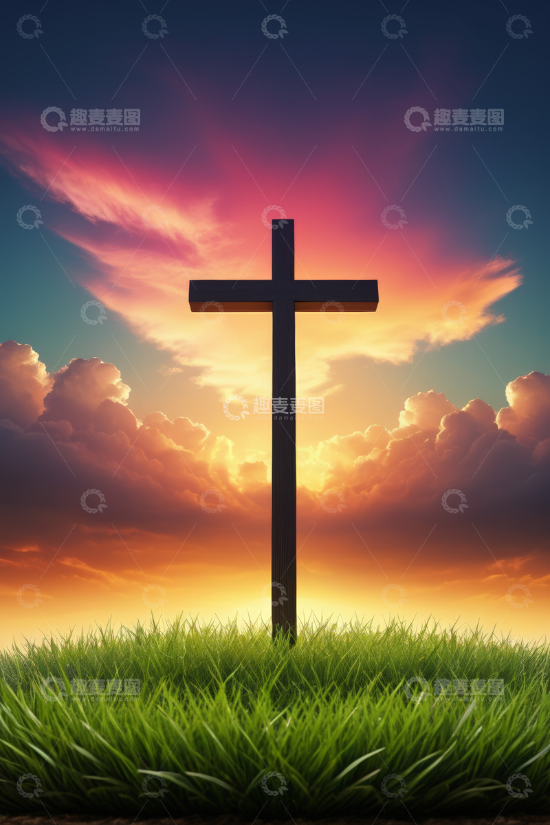 高清大图下载【趣麦麦图】草地上的十字架与霞光天空