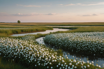 田野间蜿蜒水道与白色花丛景观