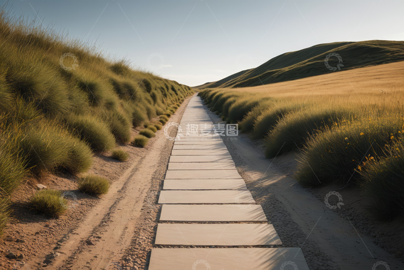 高清大图下载【趣麦麦图】户外草原中的石板道路