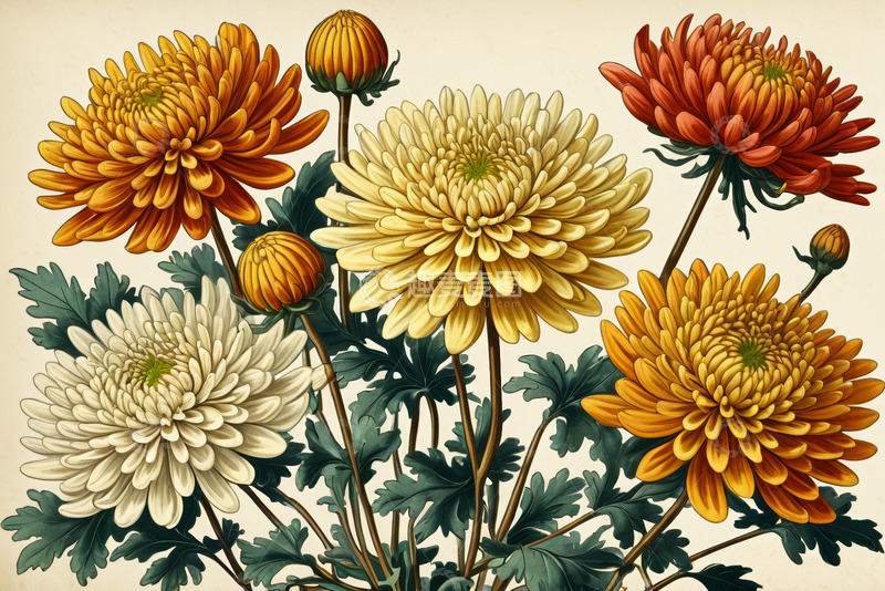 高清大图下载【趣麦麦图】-多彩菊花插画