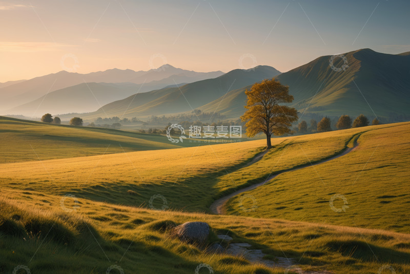 高清大图下载【趣麦麦图】草原山丘间的独树自然风光