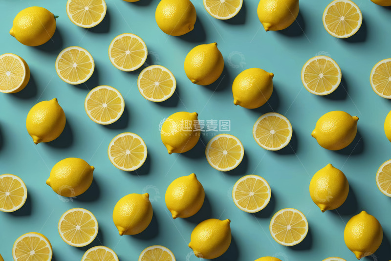高清大图下载【趣麦麦图】蓝色背景上的柠檬和柠檬切片