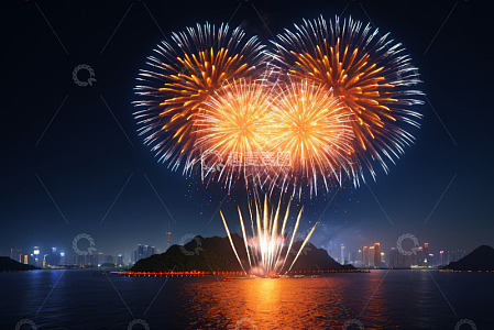 湖面夜空绽放的绚烂烟花