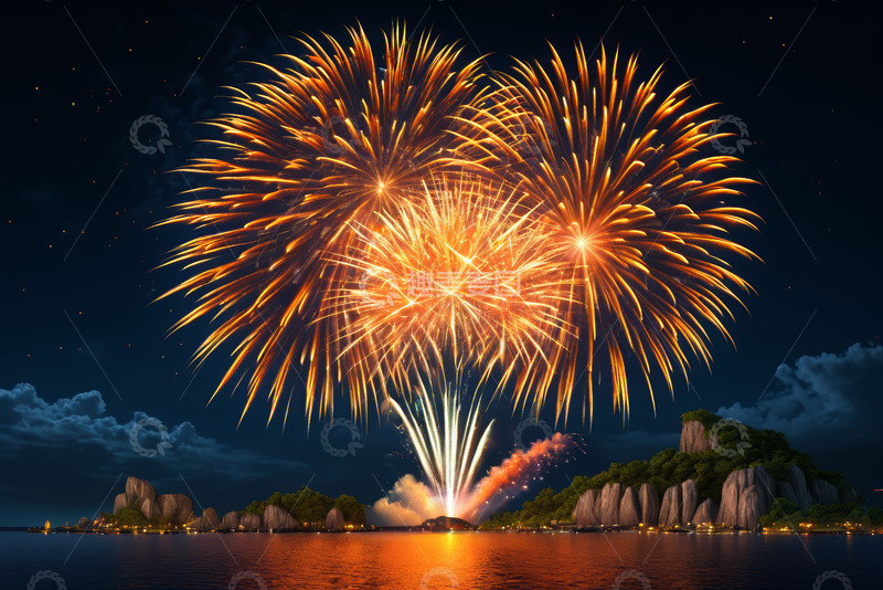 高清大图下载【趣麦麦图】夜空下湖畔的烟花景观
