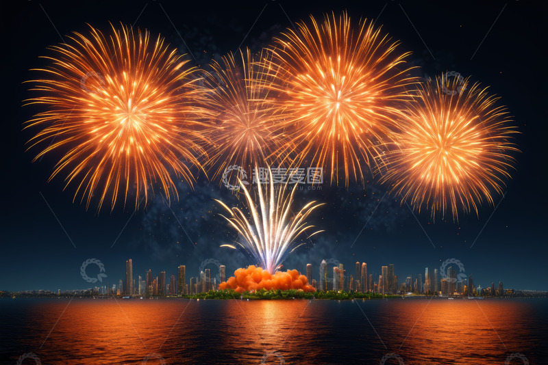 高清大图下载【趣麦麦图】城市夜空绽放的绚烂烟花