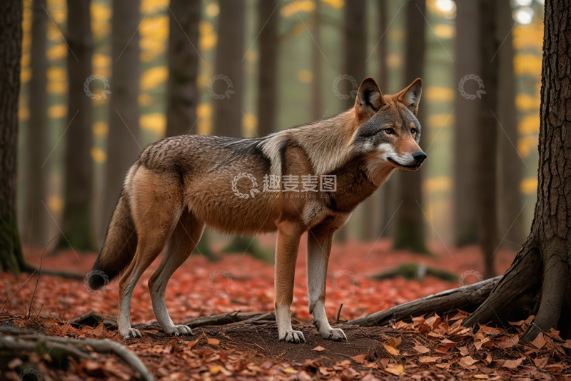 高清大图下载【趣麦麦图】森林中站立的狼