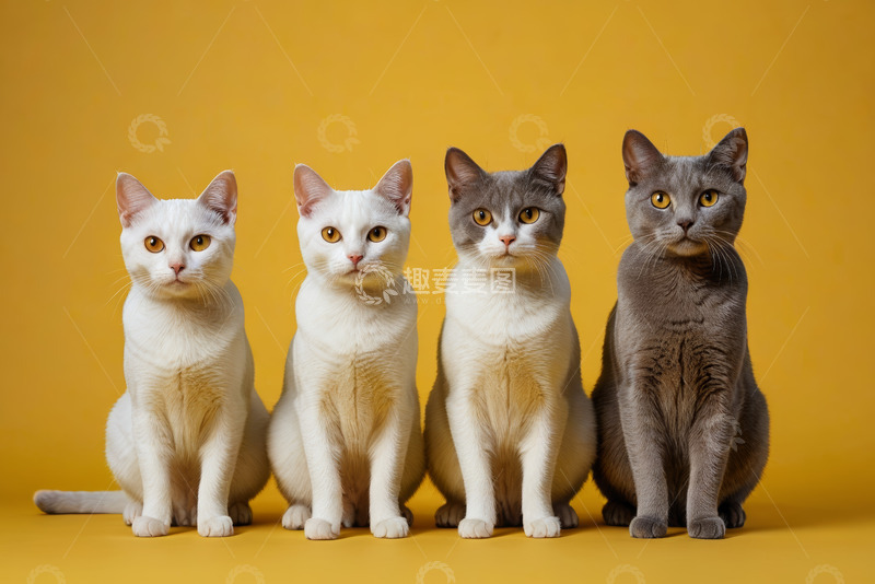 高清大图下载【趣麦麦图】四只猫咪并排坐