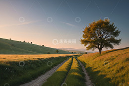 田野间的小路与孤树风景