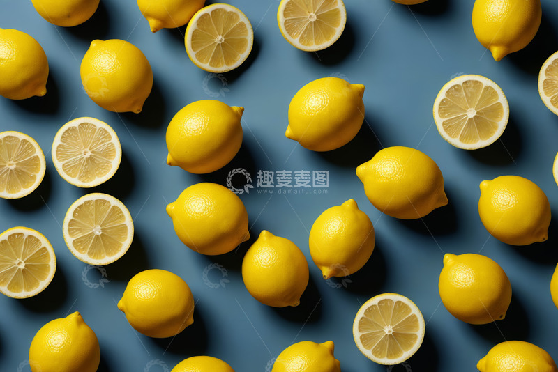 高清大图下载【趣麦麦图】蓝色背景上排列的柠檬及切片