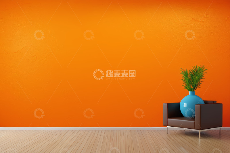 高清大图下载【趣麦麦图】橙色墙面搭配沙发与绿植