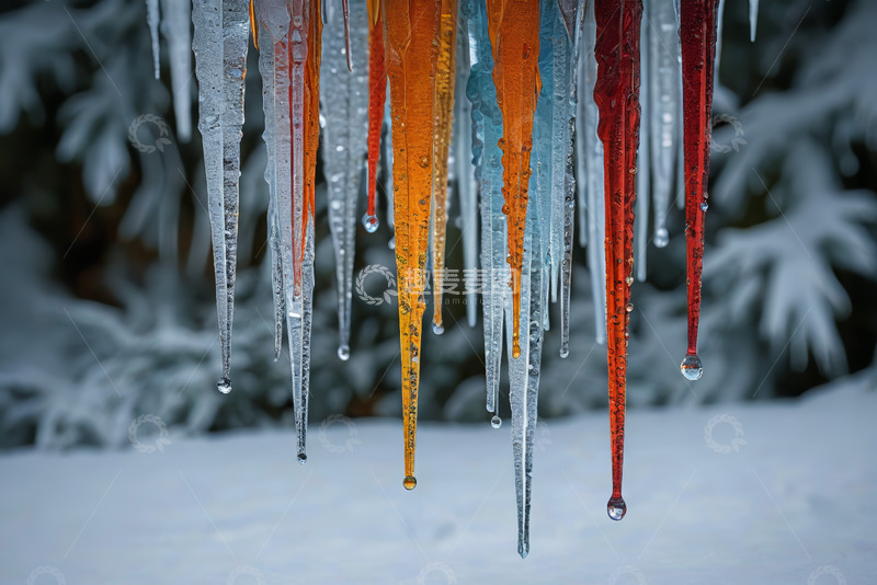 高清大图下载【趣麦麦图】-彩色冰柱悬挂雪景中