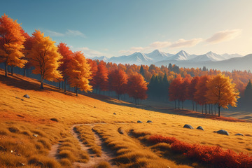 秋日山坡树林与远山风景