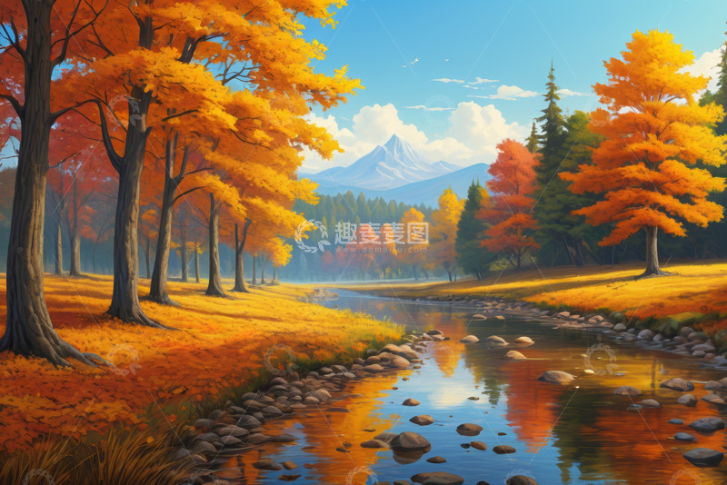 高清大图下载【趣麦麦图】秋日森林河流与远山风景