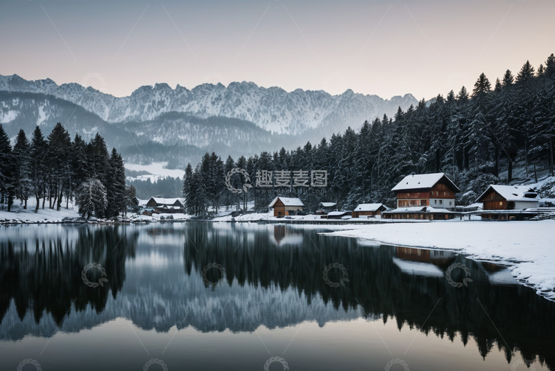 高清大图下载【趣麦麦图】雪山下的宁静湖畔村落