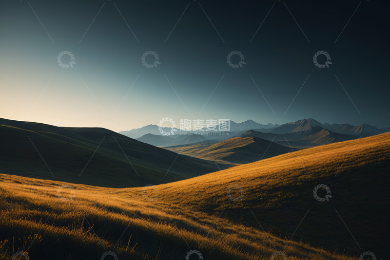 高清大图下载【趣麦麦图】金色草原与远处山脉景观