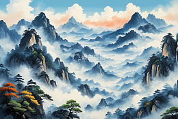 水墨风格云雾缭绕群山风景