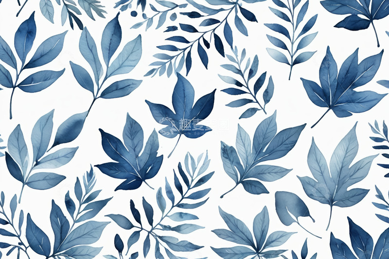 高清大图下载【趣麦麦图】蓝调水彩植物叶子图案背景