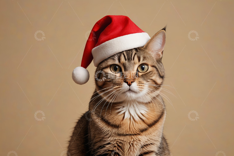 高清大图下载【趣麦麦图】戴圣诞帽的猫咪特写