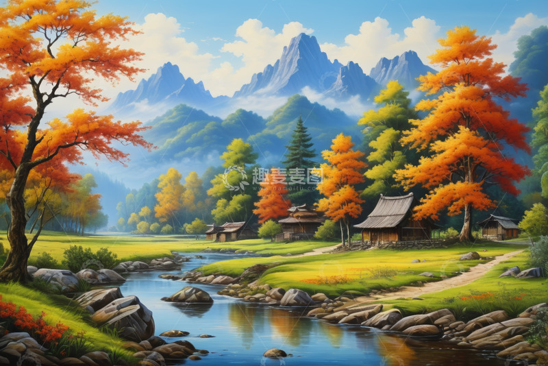 高清大图下载【趣麦麦图】山林间的小屋与溪流风景