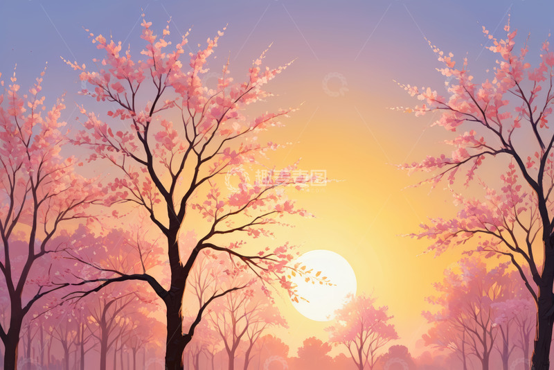 高清大图下载【趣麦麦图】夕阳下盛开的樱花林风景