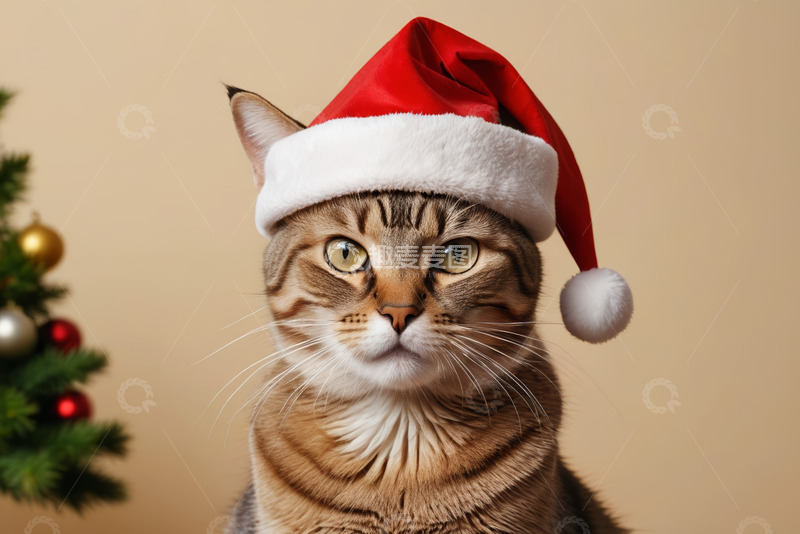 高清大图下载【趣麦麦图】戴圣诞帽的猫咪特写
