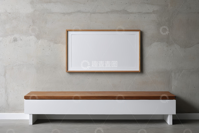 高清大图下载【趣麦麦图】现代风格墙面前的木质长凳与画框