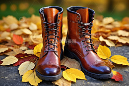 秋季落叶上的棕色皮革靴子