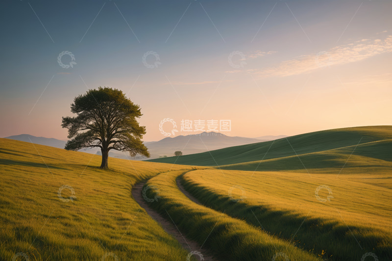 高清大图下载【趣麦麦图】原野中孤树与蜿蜒小路风景