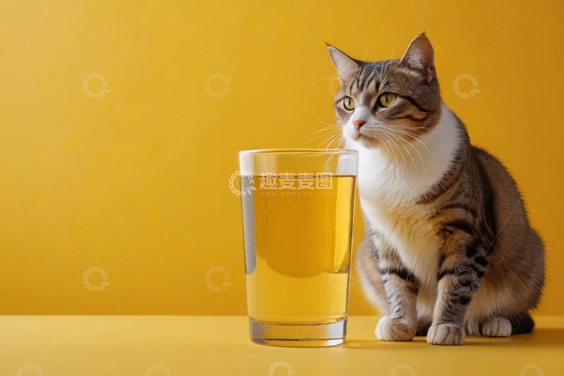 高清大图下载【趣麦麦图】黄背景前猫咪与玻璃杯