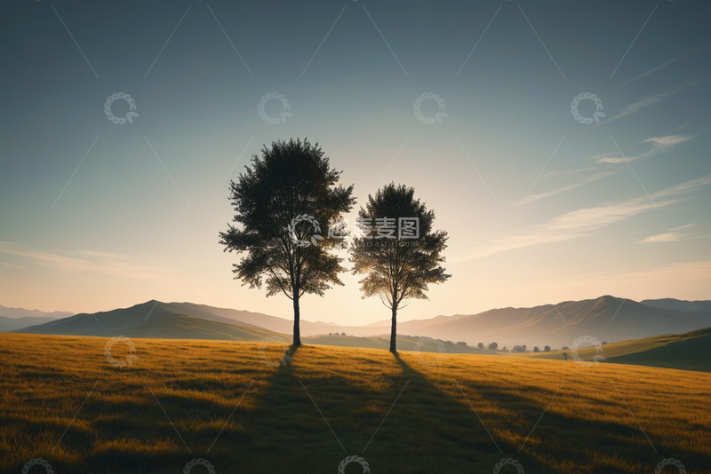 高清大图下载【趣麦麦图】草原上两棵树的自然风光