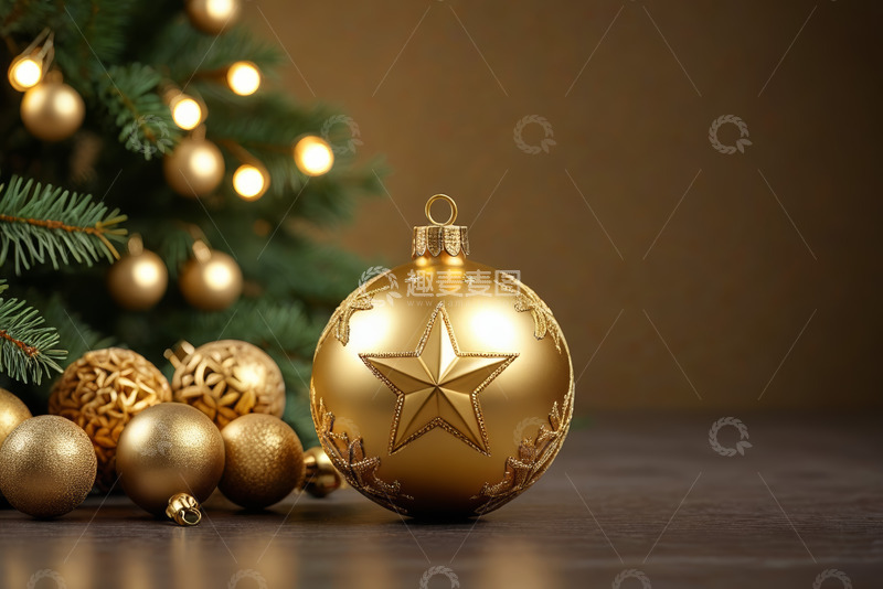 高清大图下载【趣麦麦图】金色圣诞装饰球与圣诞树