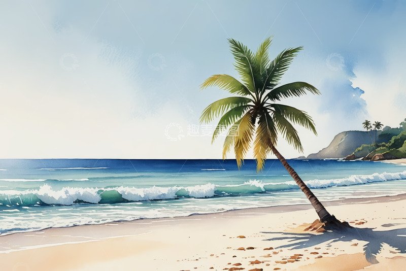 高清大图下载【趣麦麦图】海边倾斜的椰子树风景