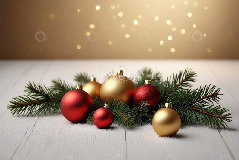 高清大图下载【趣麦麦图】圣诞装饰球与松枝静物