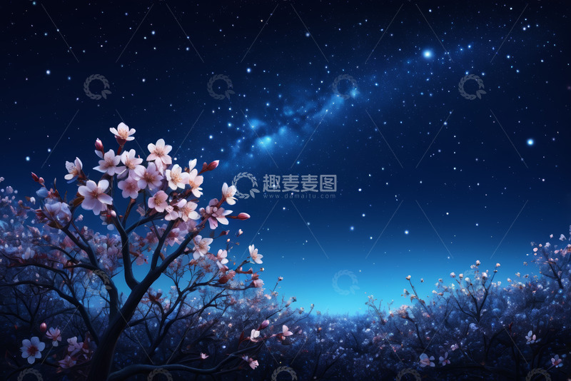 高清大图下载【趣麦麦图】星空下绽放的粉色樱花树
