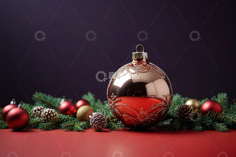 高清大图下载【趣麦麦图】圣诞装饰球与松枝静物