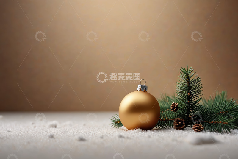 高清大图下载【趣麦麦图】金色圣诞球与松枝静物