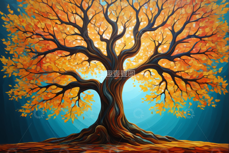 高清大图下载【趣麦麦图】秋季大树自然风光插画