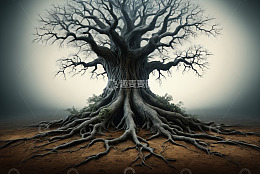 巨大枯树与发达根系画面