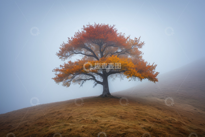 高清大图下载【趣麦麦图】户外雾中独树秋日景象